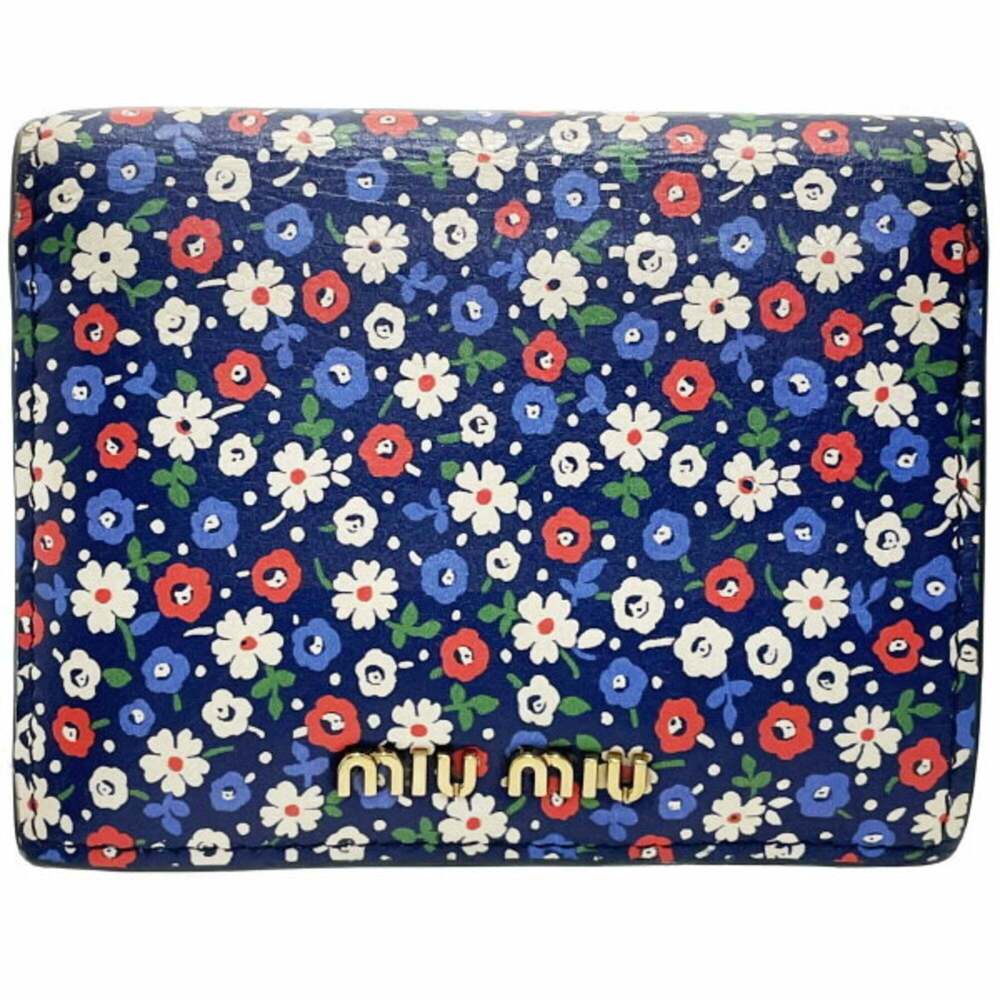 Miu Miu Miu Bifold Wallet, Flower Design, Leather, Glitter, Multicolor, Navy ...